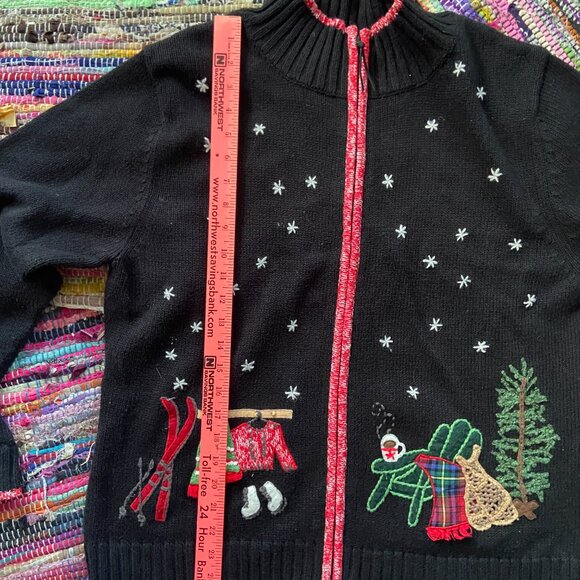 Coldwater Creek Women's Zip Up XL Christmas Sweater, Skiing, Trees, Woody Wagon, - Picture 7 of 11